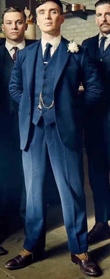 Men’s Blue 3 Piece Suit, Thomas Shelby Inspired Vintage Formal Suit Herringbone Tweed 1920s fabric Modern Fit