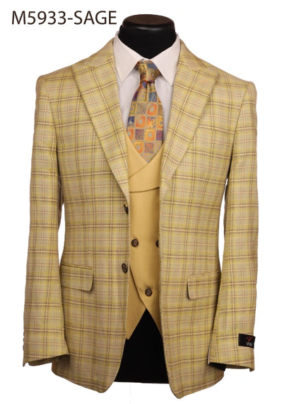 Vitali Men’s Sage Beige Tan Plaid 3 Piece Suit, Check Pattern Formal Dress Suit for Weddings, Prom, Business Events,Light Yellow Color Modern Fit