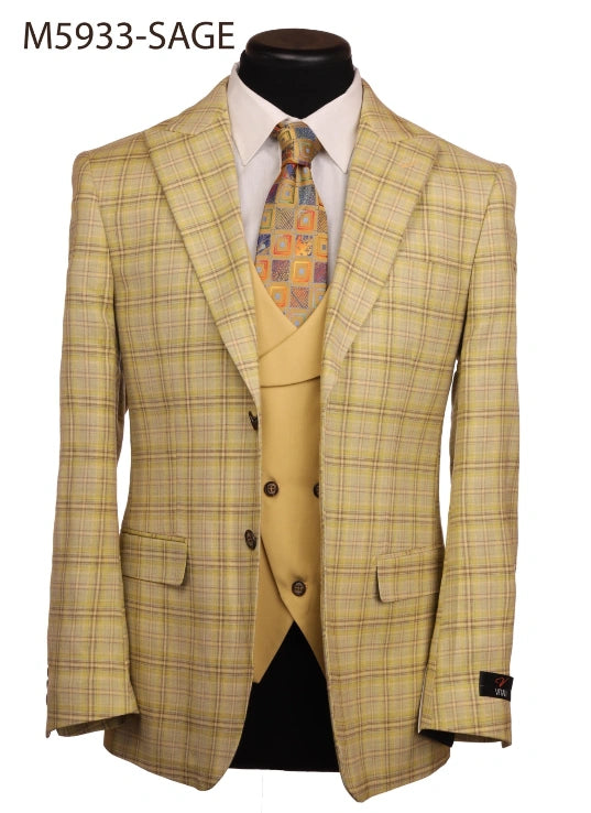 Vitali Men’s Sage Beige Tan Plaid 3 Piece Suit, Check Pattern Formal Dress Suit for Weddings, Prom, Business Events,Light Yellow Color Modern Fit