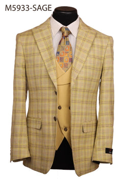 Vitali Men’s Sage Beige Tan Plaid 3 Piece Suit, Check Pattern Formal Dress Suit for Weddings, Prom, Business Events, Modern Fit Light Yellow Color