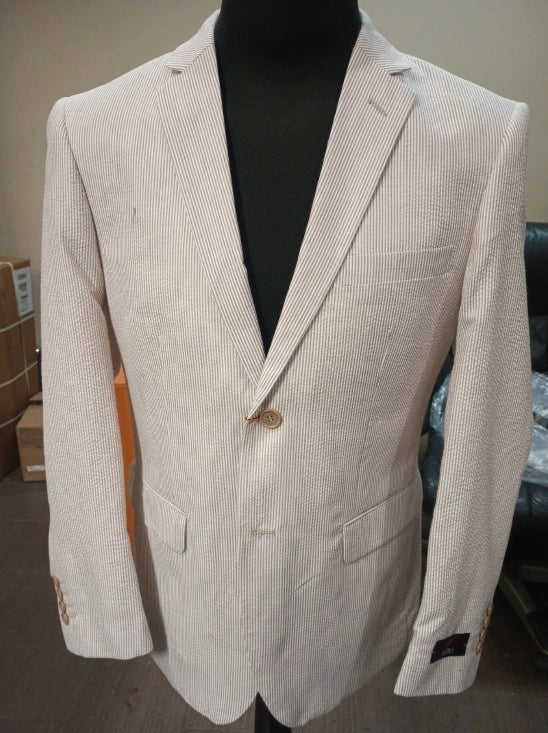 Men’s Beige Seersucker Summer Blazer, Lightweight Striped Sport Coat for Weddings, Parties, Beach Events in Tan Color