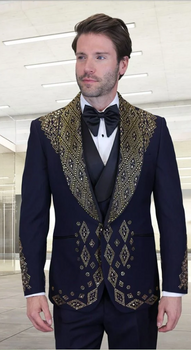 Men’s Navy Tuxedo with Gold Embroidery – Slim Fit Formal Dinner Jacket with Shawl Lapel
