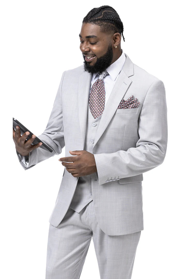 Men’s Very Light Gray Three-Piece  Wedding Suit 2 Buttons Modern or Slim Fit  Ash Bone Color Steel Grey