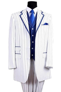 Men’s White and Royal Blue Pinstripe 3-Piece Suit – Classic Fit Blazer with Vest, Pants, and Tie