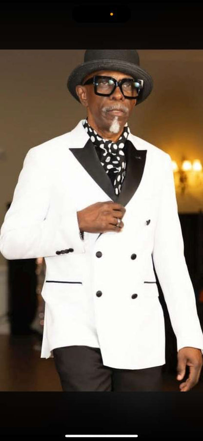 Men’s White and Black Double-Breasted Tuxedo – Modern Slim Fit Formal Suit for Weddings, Parties, and Special Occasions