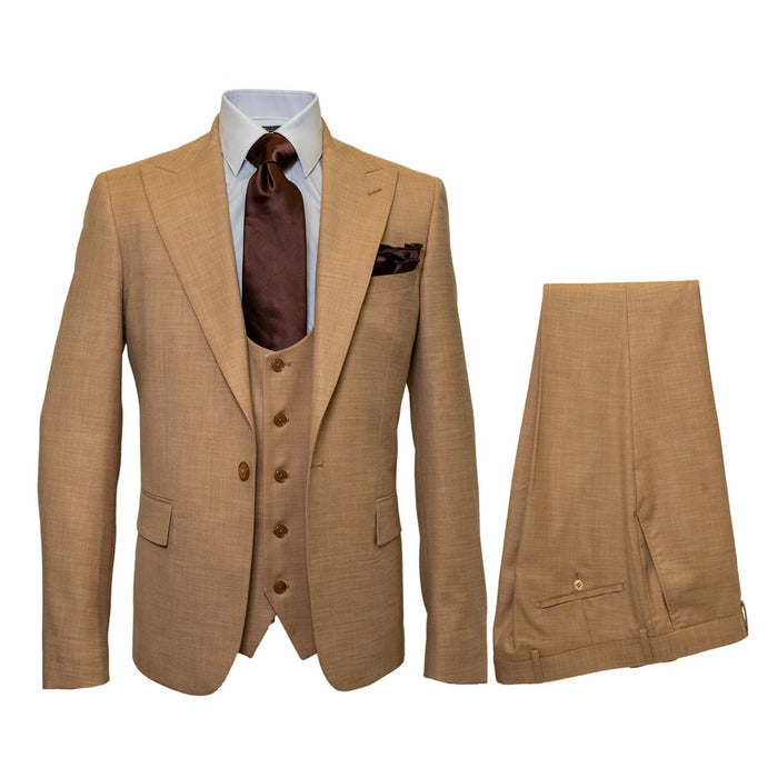 Men's Tan Three-Piece Suit with Vest – Classic Tailored Fit  in camel khaki Bronze color By Rossiman