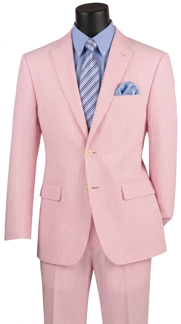 Men’s Pink Seersucker 2 Piece Suit, Lightweight Summer Dress Suit for Weddings, Prom, Parties, and Special Occasions Modern Fit