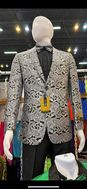 Men’s Black and Silver Paisley Tuxedo Jacket – Slim Fit Dinner Blazer with Matching Bow Tie with Black Pants
