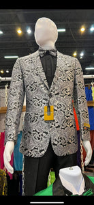 Men’s Black and Silver Paisley Tuxedo Jacket – Slim Fit Dinner Blazer with Matching Bow Tie with Black Pants $169