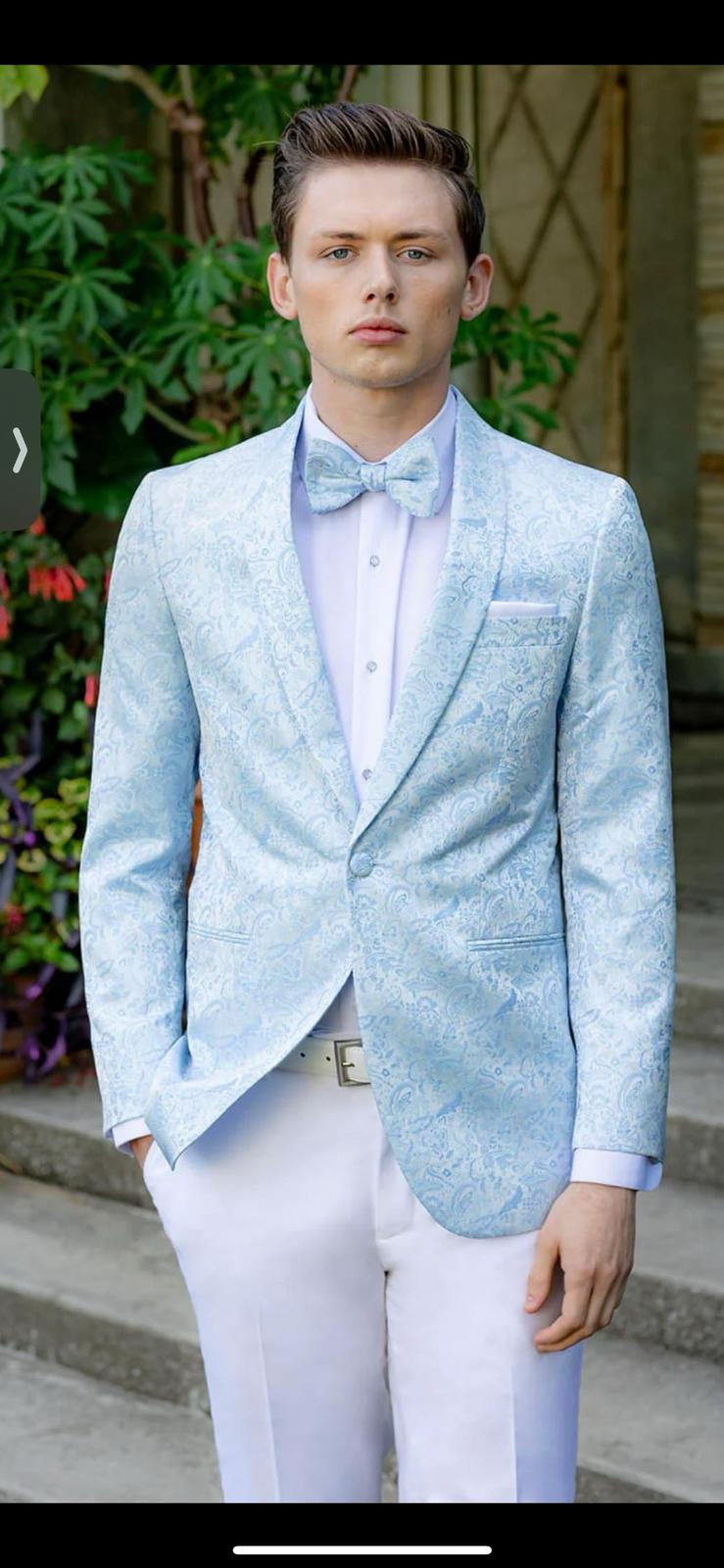 Mens Light Blue Paisley Tuxedo Jacket with Matching Bow Tie – Slim Fit Blazer for Weddings, Prom, and Formal Events - Image 6