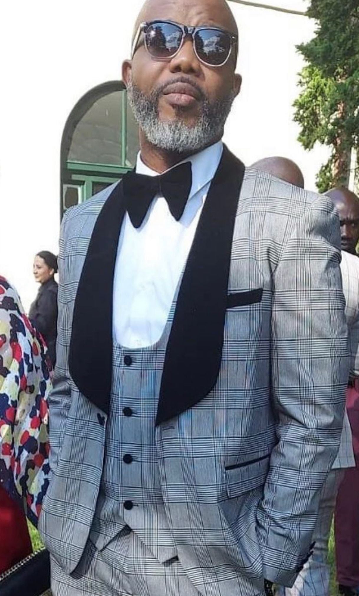 Men's Black and White Plaid Tuxedo – 3 Piece Suit with Black Velvet Shawl Lapel - Gray Glein Tartan Pattern Wedding Suit - Image 4