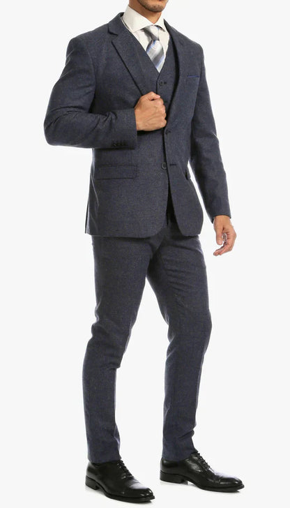 Men’s Navy Blue Herringbone Tweed  1920s 3 Piece Suit with Overcoat – Vintage Peaky Blinder Style Formal Suit Set with Blazer, Waistcoat + Overcoat + Hat