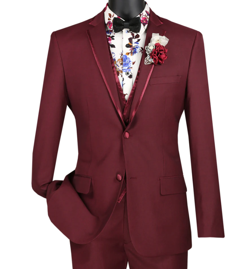 Men’s Burgundy Western Tuxedo Suit, 3 Piece Cowboy Formal Wedding Prom Suit with Satin Trim