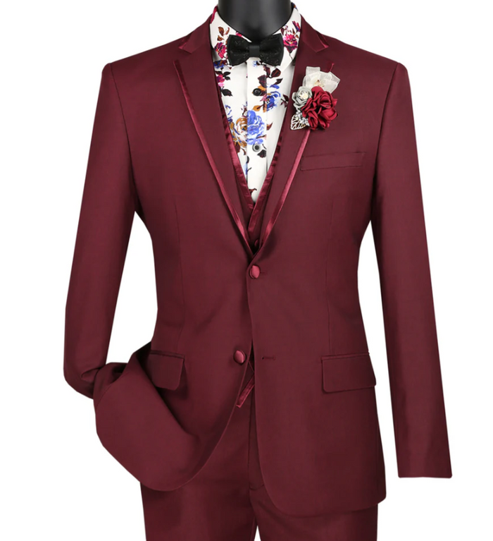 Men’s Burgundy Western Tuxedo Suit, 3 Piece Cowboy Formal Wedding Prom Suit with Satin Trim