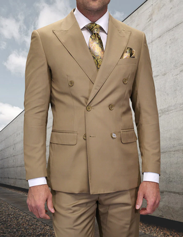 Men’s Statement Brand Caramel Khaki Double Breasted Wool Suit, Designer Formal Business Suit Set Wool Suit in Camel Color  Modern Fit