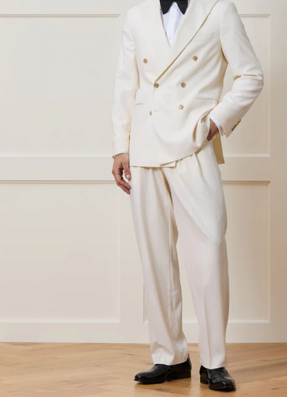 Men’s Ivory Double-Breasted Tuxedo – Gold Button Wedding, Prom and Formal Suit