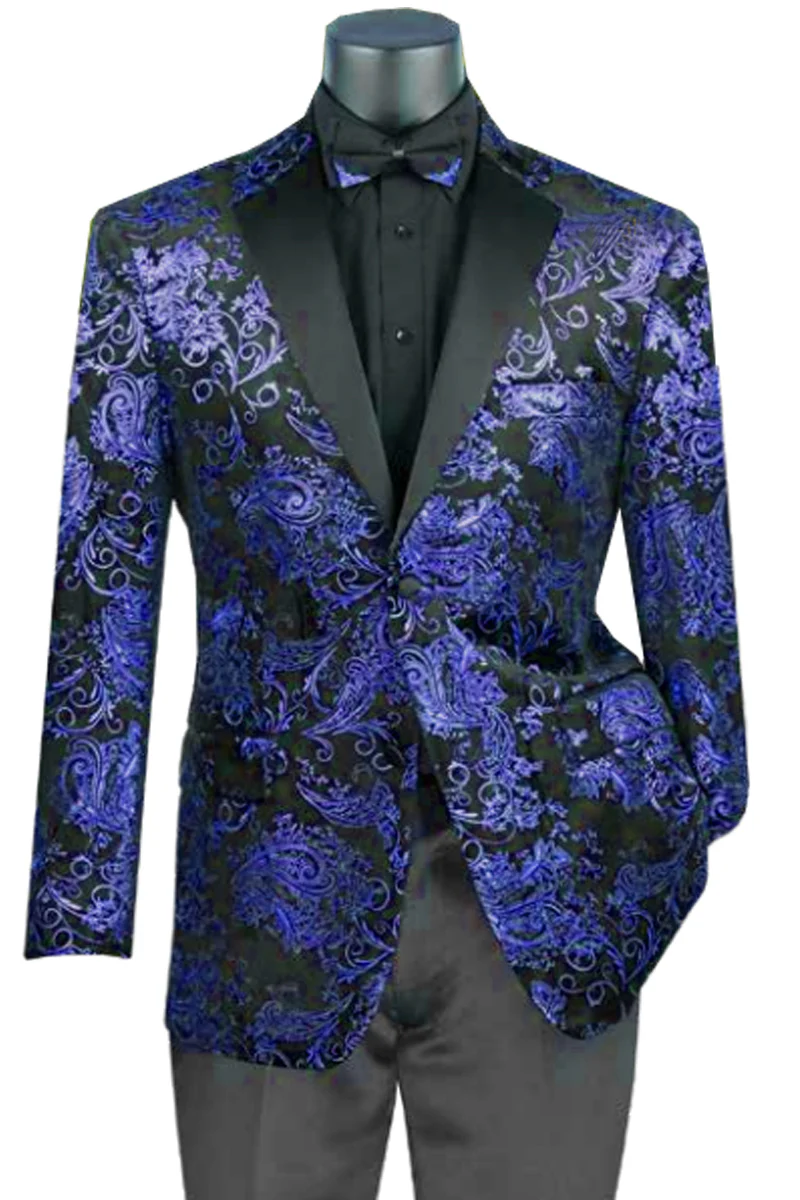 Mens Blue Paisley Jacquard Blazer – Luxury Pattern Tuxedo Dinner Jacket with Black Satin Lapel for Wedding, Prom With Bowtie