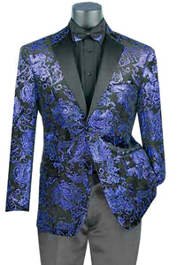 Mens Blue Paisley Jacquard Blazer – Luxury Pattern Tuxedo Dinner Jacket with Black Satin Lapel for Wedding, Prom With Bowtie
