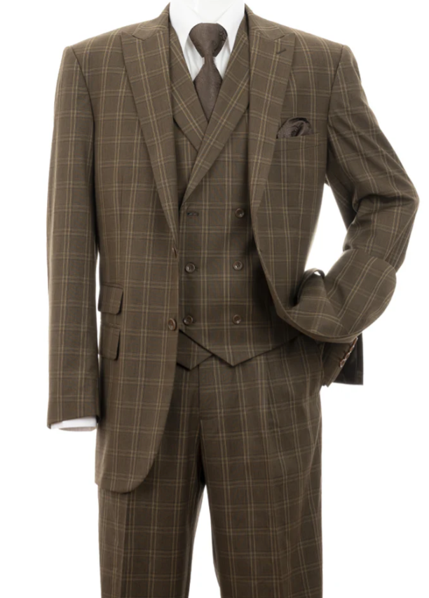 Men’s Edwardian Brown Plaid 3-Piece Suit – Vintage Double-Breasted Vest Wedding and Formal Suit Modern Fit