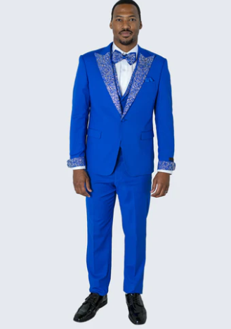 Men’s Bright Royal Blue and White lapel  Embellished Tuxedo Suit –  3-Piece Formal Wedding, Prom, and Gala Outfit