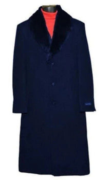 Men’s Dark Navy Blue Long Overcoat with Faux Fur Collar, Classic Winter Dress Coat for Formal