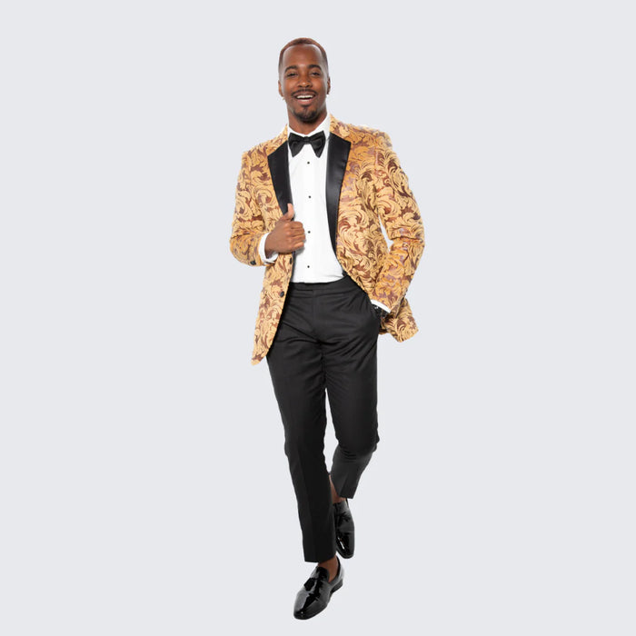 Men’s Yellow Gold Baroque Pattern Tuxedo Blazer Suit – Party and Wedding Jacket Prom Paisley Black Pants