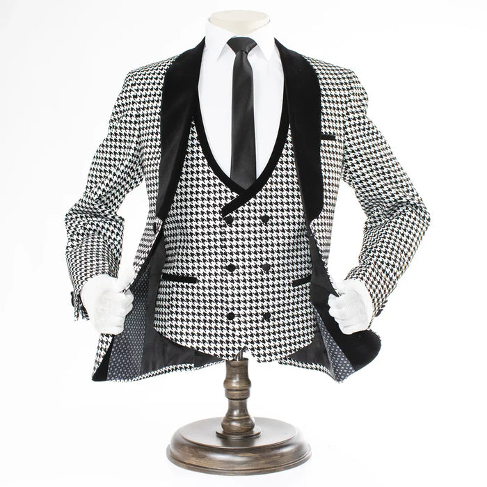 Men’s Black and White Houndstooth Tuxedo Set with Velvet Shawl Lapel | 3-Piece Formal Suit with Black Double-Breasted Vest
