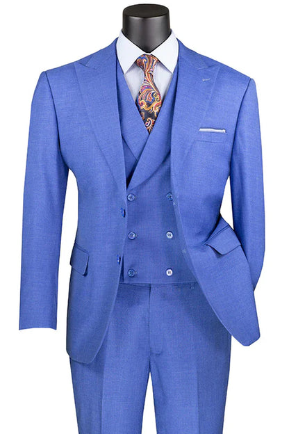 Men’s Light Blue Double-Breasted 3-Piece Suit Set – Tailored Fit Formal Business Suit in Steel Blue Sky Blue Color Modern Fit
