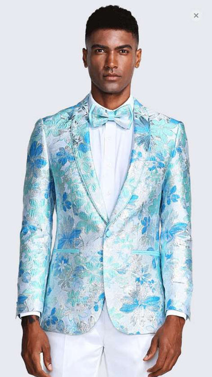 Men’s Light Blue Floral Jacquard Tuxedo Jacket with Matching Bow Tie | Formal Prom Wedding Blazer + Bowtie Turqoise Aqua Color