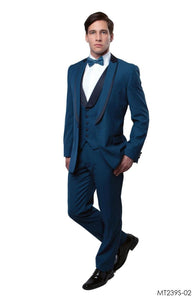 Men’s Teal Blue Tuxedo – 3-Piece Formal Suit with Satin Shawl Lapel, Vest, and Pants in Saphire Cobalt Blue Color