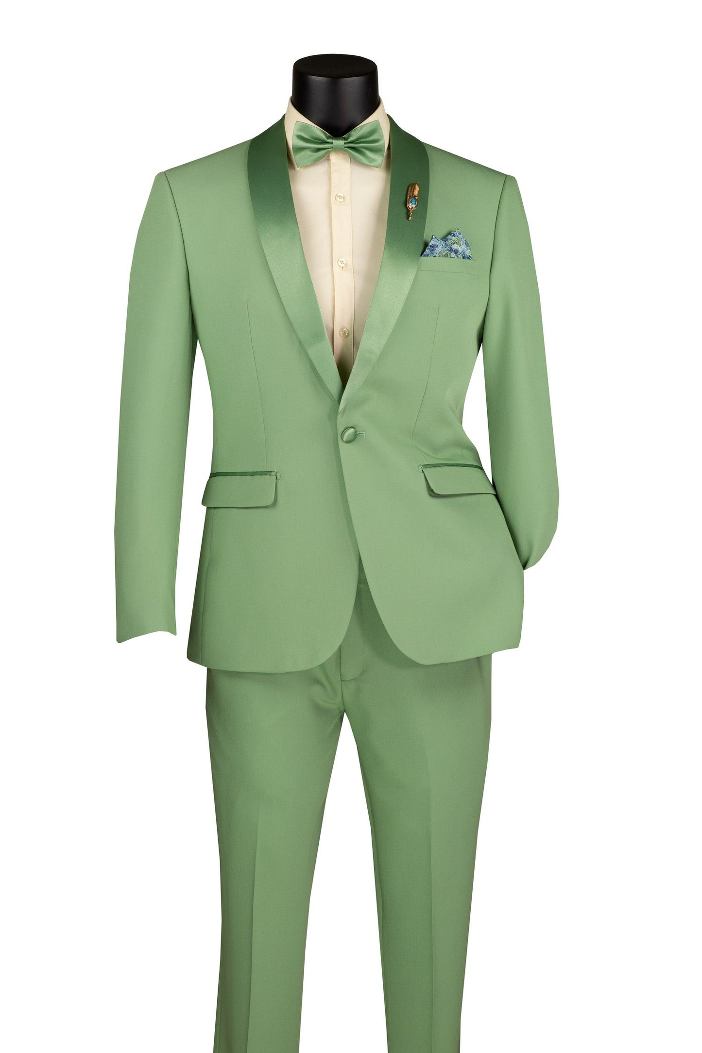 Men’s Mint Green Tuxedo – 2-Piece Formal Suit with Satin Shawl Lapel and Matching Bow Tie in  Sage Green