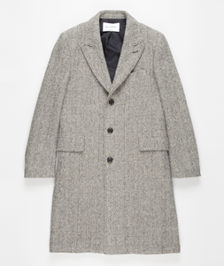 Men’s Grey Herringbone Long Overcoat – Tweed Black and White Pattern Wool Topcoat Three Qaurter