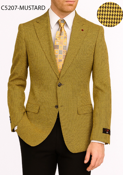 Men’s Mustard Gold Yellow Houndstooth Blazer Jacket, Check Pattern Formal Sport Coat for Weddings, Prom, Business 2 Buttons Modern Fit