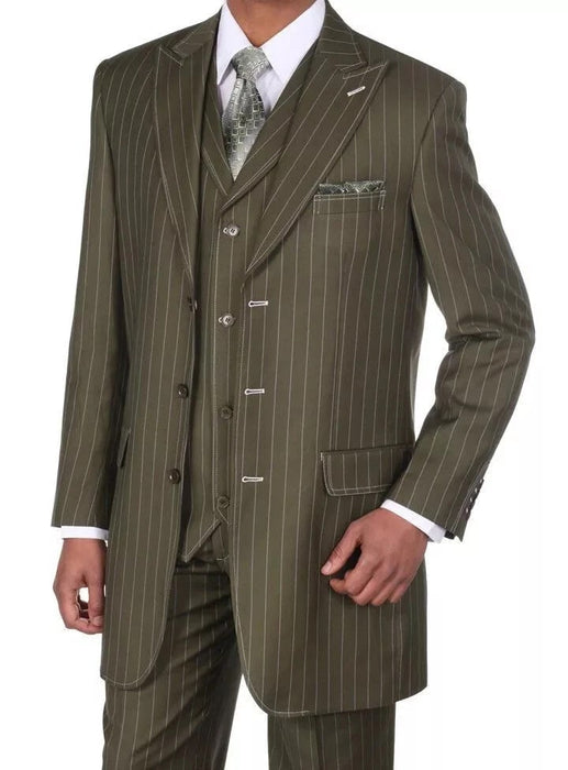 Mens Olive Green Pinstripe Zoot Suit – 1920s Gangster Vintage 3-Piece Suit for Formal and Themed Events