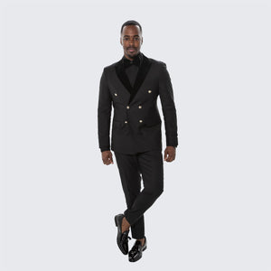 Men’s Black Double Breasted Tuxedo Suit – Luxury Formal Dinner Jacket Gold Buttons Velvet Lapel