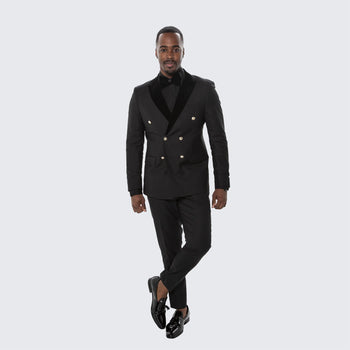 Men’s Black Double Breasted Tuxedo Suit – Luxury Formal Dinner Jacket Gold Buttons Velvet Lapel