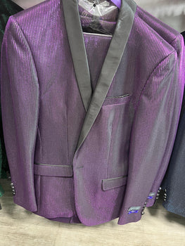 Mens Purple Shimmer Mardi Gras Suit with Black Satin Lapel – Shiny Metallic Formal Party and Carnival Suit Sequin Look