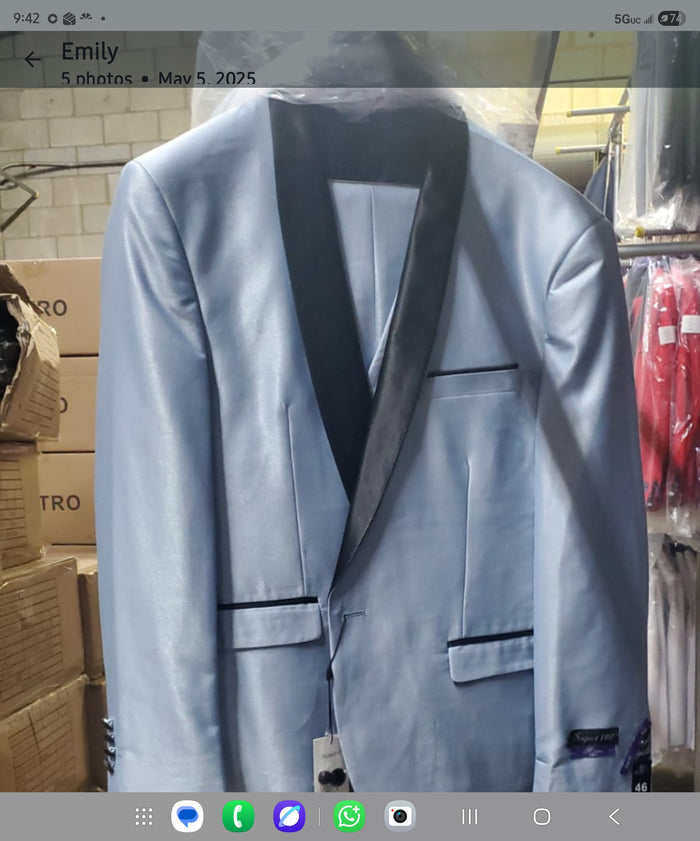 Men’s Light Blue Shiny 3 Piece Suit with Black Shawl Lapel | Formal Wedding Prom Suit - Sateen Sharskin Suit Modern Fit