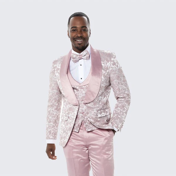 Men’s Light Pink Dusty Rose -  Floral Tuxedo Suit – Luxury Satin Shawl Lapel 3-Piece Formal Wedding and Prom Suit in Blush Mauve color