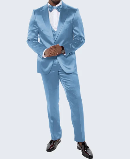 Men’s Powder Blue Satin Tuxedo – Light Blue Wedding & Prom Tuxedo Suit