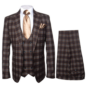 Men’s Brown Plaid Windowpane Three-Piece Suit Set – Classic Slim Fit Jacket, Double-Breasted Vest and Modern Fit Pants  By Rossiman