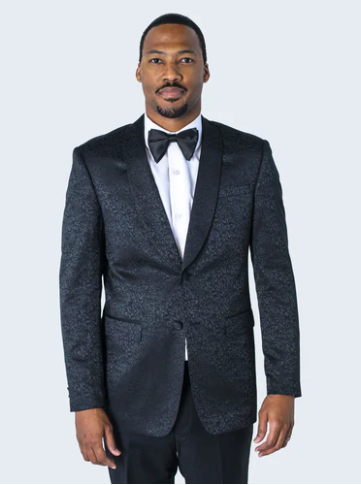 Men’s Black Textured Paisley floral Tuxedo Suit – Premium Slim Fit Formal Wedding, Prom, with Bowtie