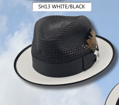 Men’s Two-Tone Black and White Fedora Hat with Feather Accent – Stylish Summer Dress Hat