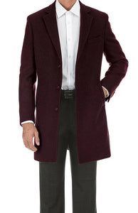Men’s Burgundy Long Coat – Classic Fit Wool Blend Overcoat - Topcoat Full length