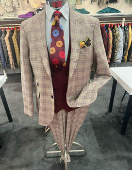 Men's Light Brown Plaid Suit with Burgundy Vest and Colorful Floral Tie – 3 Piece Set - Taupe Windowpane Pattern - Image 4