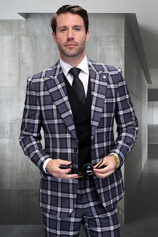 Men’s Big and Tall Charcoal Gray and Black Plaid Blazer – Grey Checker Windowpane Sport Coat