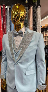 Men’s Light Blue Suit with Silver Glitter Lapel – Light Blue Formal Tuxedo Suit for Prom, Wedding and Special Occasion Wear in Sky Baby Blue