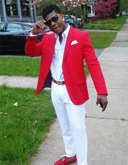 Mens Red Blazer and White Pants Set – Stylish Casual Dress Outfit For New Year Holiday and Christmas Suit