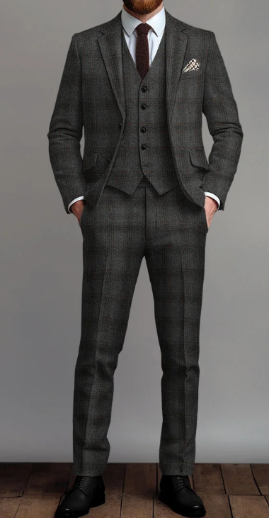 Men's Thomas Shelby Dark Grey Plaid 3-Piece Suit – Peaky Blinders 1920s Vintage Tweed-Style Wedding Suit with Matching Vest & Pants