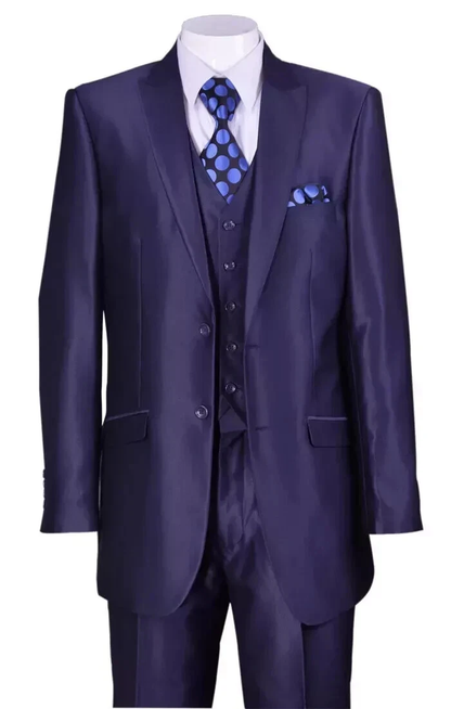 Men's Shiny Navy Blue Sateen 3-Piece Suit – Elegant Wedding, Prom Dress Suit with Matching Vest and Pants Slim Fitted